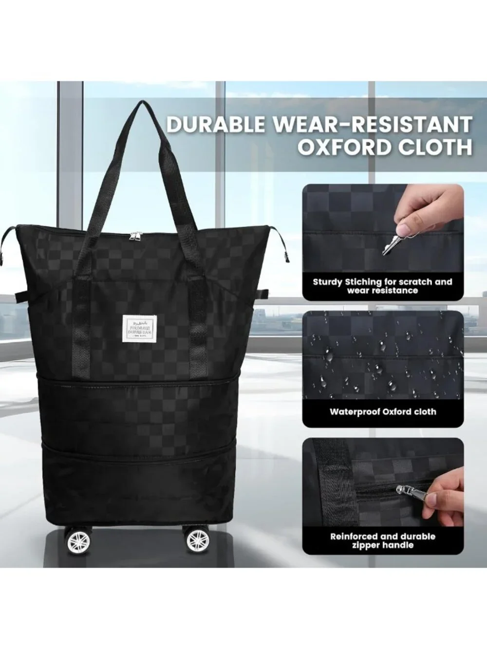 Foldable Travel Duffel Bag with Removable Wheels - Expandable 25L to 55L